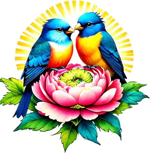 2 Love Birds United On A Peony Flower With Beautiful Heaven Light Rays Shinining Down On Them