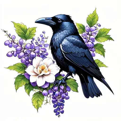 Raven With Gardenia And Wisteria Flowers