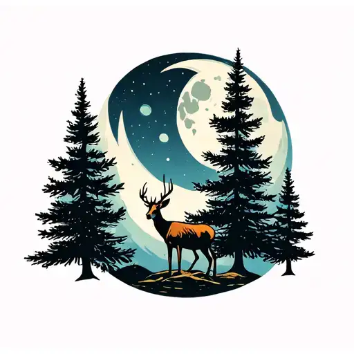 Pine Trees With Moon And Deer Standing