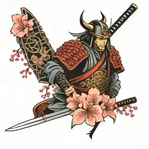 Samurai With Katana And Armor With Cherry Blossoms Background