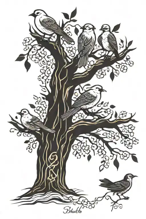 Birds In Tree With Names Carved For Grandparents