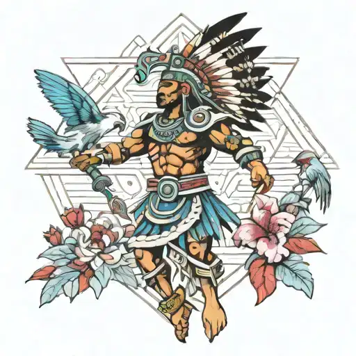 Aztec Warrior With A Background Of Pyramid And Hummingbirds