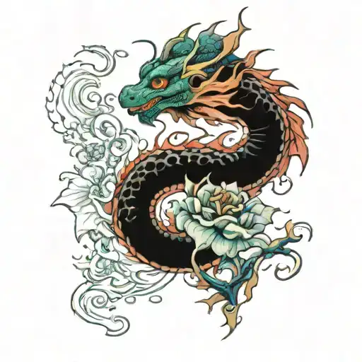 Flowers And Water Dragon Breathing Fire