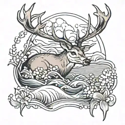 A Traditional Tattoo Of A Serene Ocean Scene With A Deer Drinking From The Water's Edge