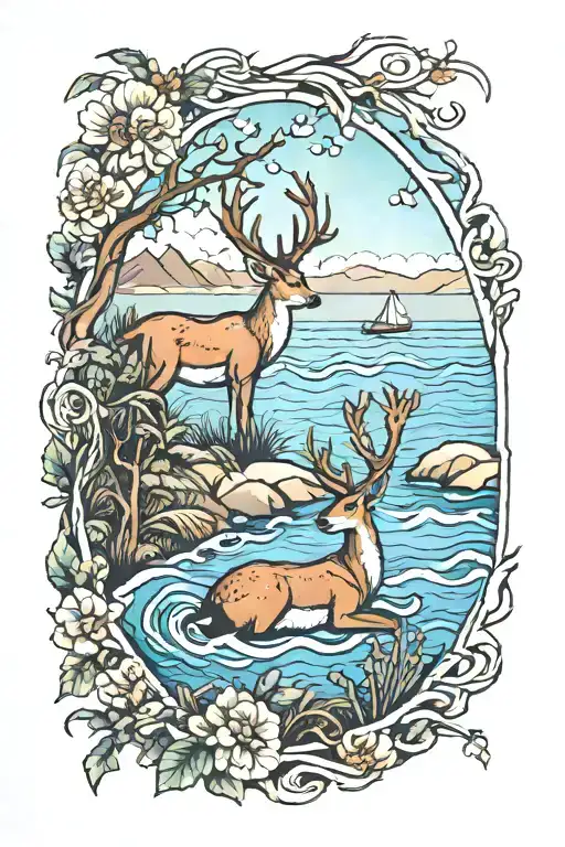 A Traditional Tattoo Of A Serene Ocean Scene With A Deer Drinking From The Water's Edge