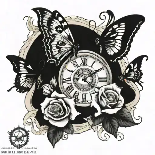 Skulls Roses Butterfly & Clock