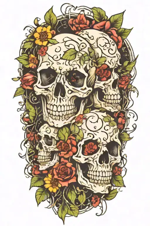 Skulls Embedded In Flowers And Bines