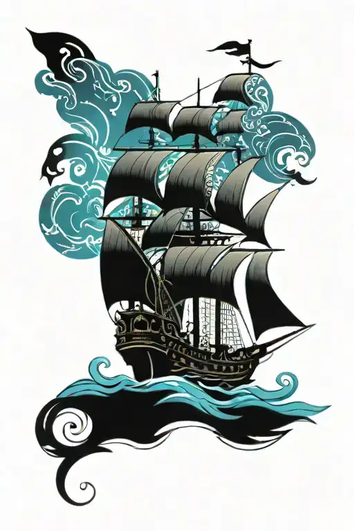 A Futuristic Sci-fi Pirate Ship Sailing On Blue Water With Maori Patterns