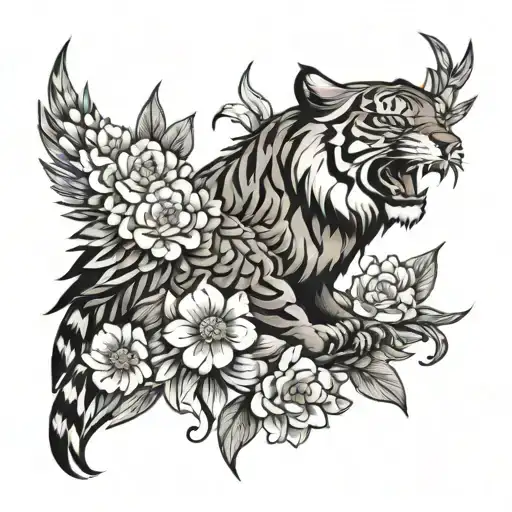 Tiger Eagle And Flowers