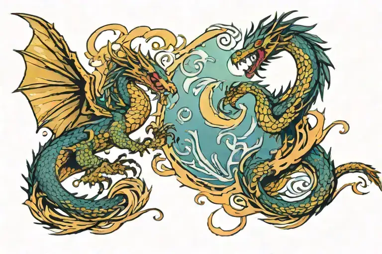 A Colored Dragon Fighting A Flying Phoenix