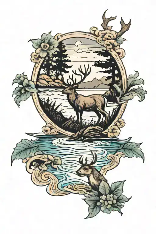 A Traditional Tattoo Of A Serene Ocean Scene With A Deer Drinking From The Water's Edge