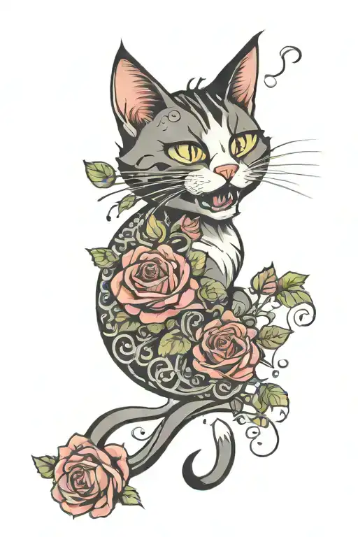 Crazy Cat With Roses New School With Elements Around