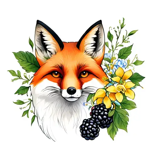 Full Fox With Honeysuckle And Blackberries