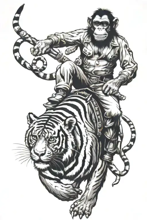 Chimpanze Riding On A Bengal Tiger