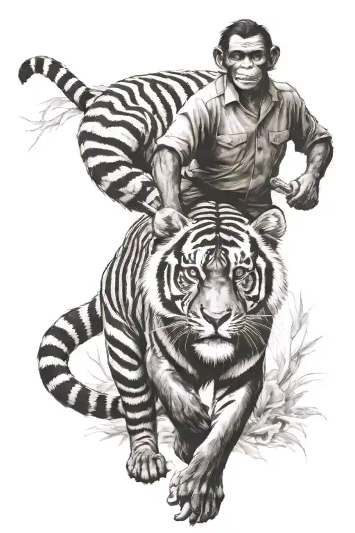 Chimpanze Riding On A Bengal Tiger Holding A Cross Shaped Knife