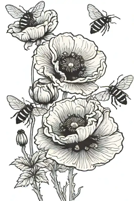 Three Poppy Flowers With Leaves Black Outline And Three Honey Bees Hovering Over Flowers