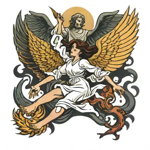 A Female Angel Hovering Above A Falling Man While Demons Are Pulling Him Down