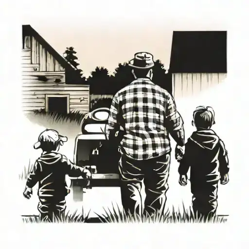 A Father Taking Two Sons To Farm Picture From Back And There Is A Tractor And Farm Infront Of Him