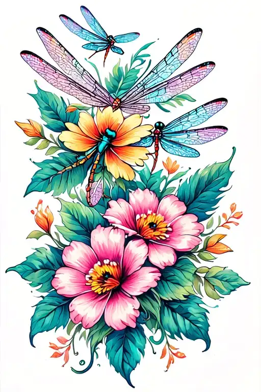 Dragonflies And Blooming Flowers Intertwined