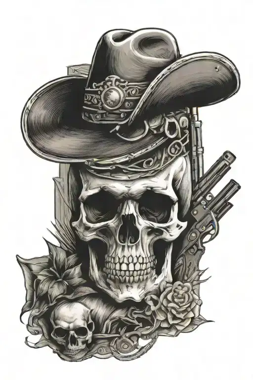 Human Skull Wearing A Cowboy Hat Sitting Atop A Hunting Rifle