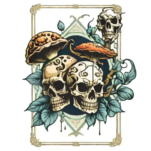 Tarot Card Featuring Skulls And Mushrooms