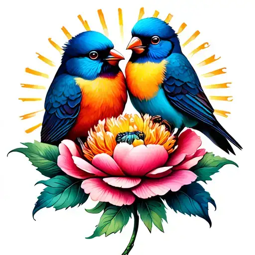 2 Love Birds United On A Peony Flower With Beautiful Heaven Light Rays Shinining Down On Them
