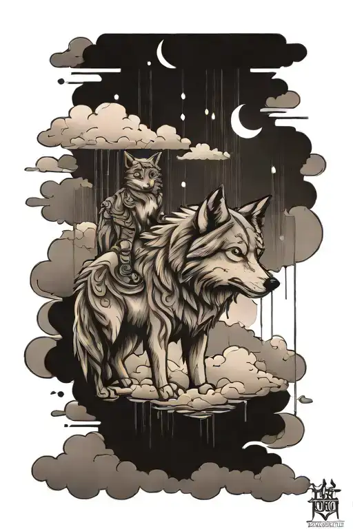 Wolf Above The Clouds With It Raining With A Little Kid In The Rain