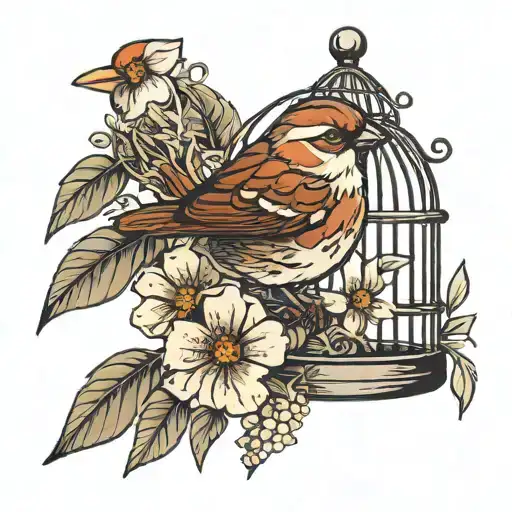 Sparrow In A Bird Cage With Wild Flowers Growing