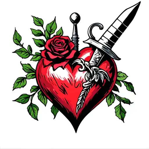 Traditional Sacred Heart With Dagger Piercing And Black Rose