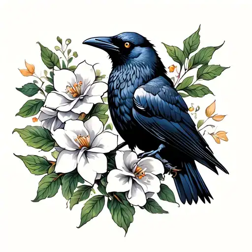 Raven With Gardenia Flowers