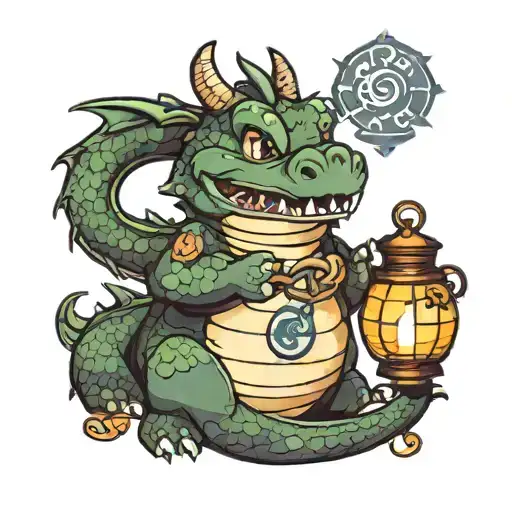 Cute Chubby Dragon With Japanese Lantern Shining Light