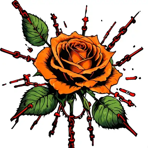 Tattoo Of An Orange Rose With Bloody Spines Surrounded By Chains That Breaks In A Place
