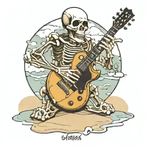 Skeleton Playing Electric Gibson Les Paul Guitar On The Beach With No Clothes