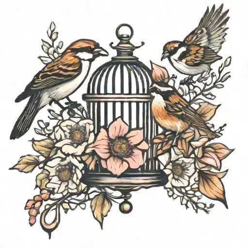 Sparrows In Front Of Windflowers And Bird Cage