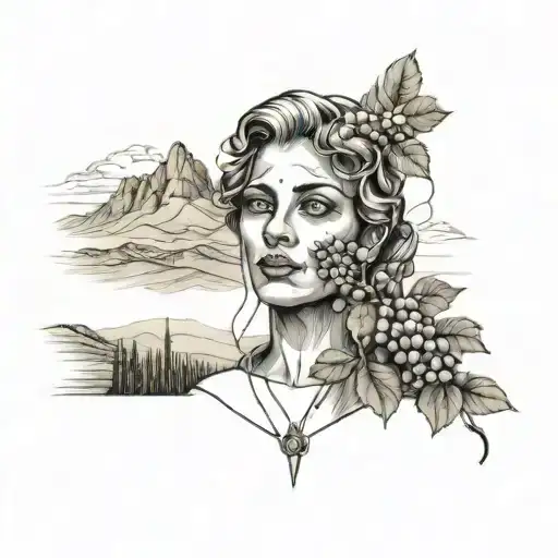 Vineyards With Mountains In The Background Portrait With A Pair Of Eyes In The Sky Of The Portrait