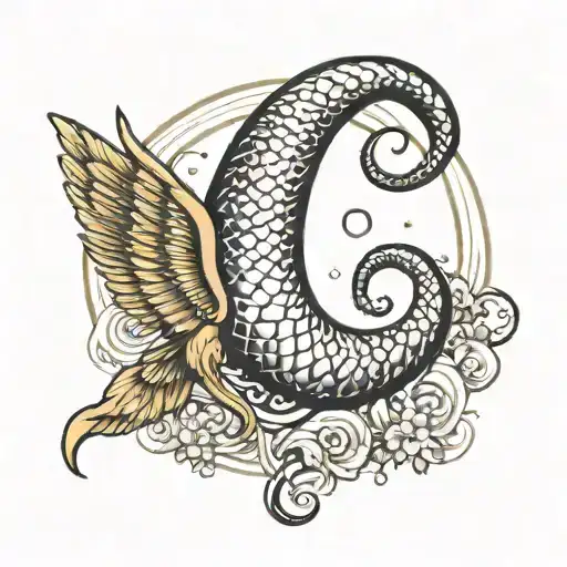 Crescent Moon With A Coiled Snake And The Moon With Angelic Wings