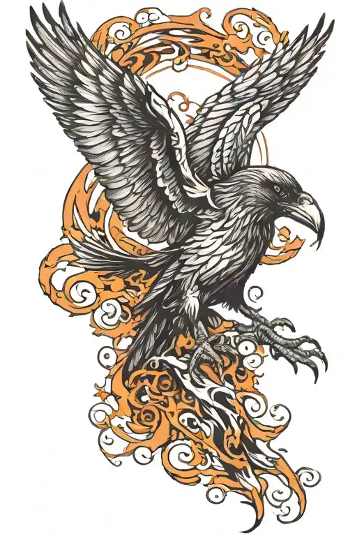 Crow With The Wings Extended And Cover The Body With Fire And Blood