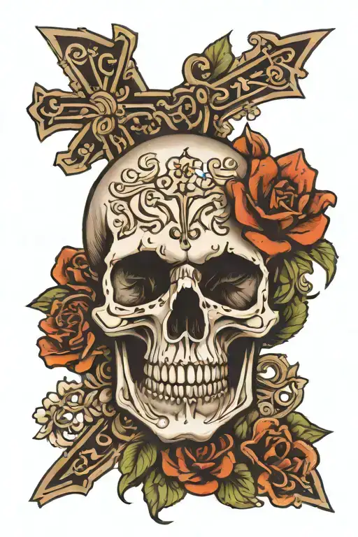 Skull With Cross And Flowers Wrapped Around It