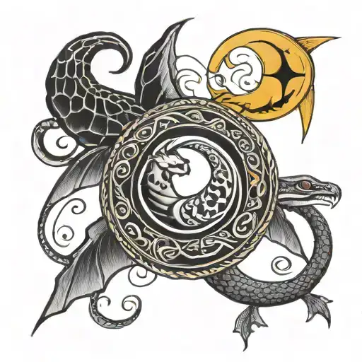 Crescent Moon With Coiled Snake And Moon With Bat Wings