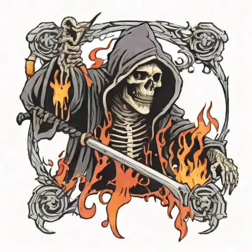 A Grim Reaper Dripping Blood Surrounded By Flames And Fire
