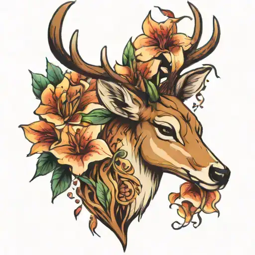 Lily And Deer Head Tattoo Holding