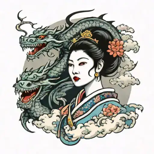 Japanese Geisha With Scary Dragon Wrapped And Traditional Eastern Clouds Around It