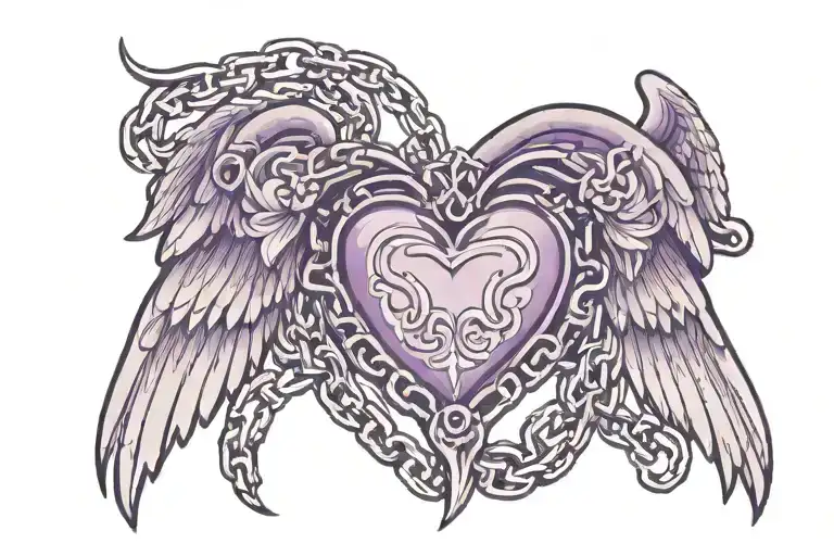 Purple Hearth With Angel Wings And 2 Diagonal Chains