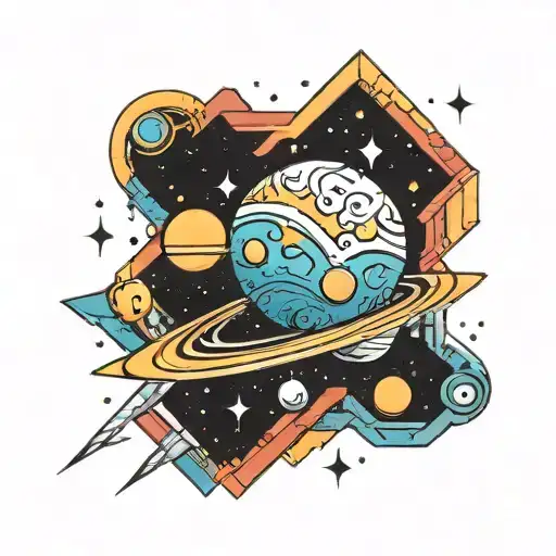 Geometric Space Galaxy With Stars & Planets