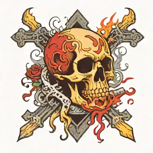 A Skull Dripping Blood Surrounded By Fire Flames Money And Crosses And A Casket