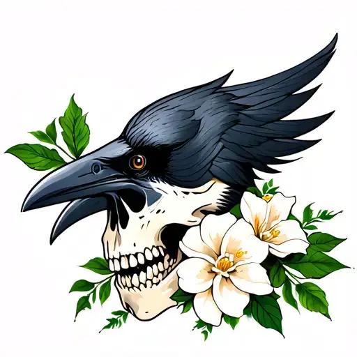 Raven Skull With Gardenias And Greenery