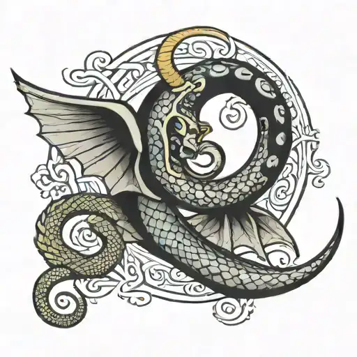 Crescent Moon With Coiled Snake And Moon With Bat Wings