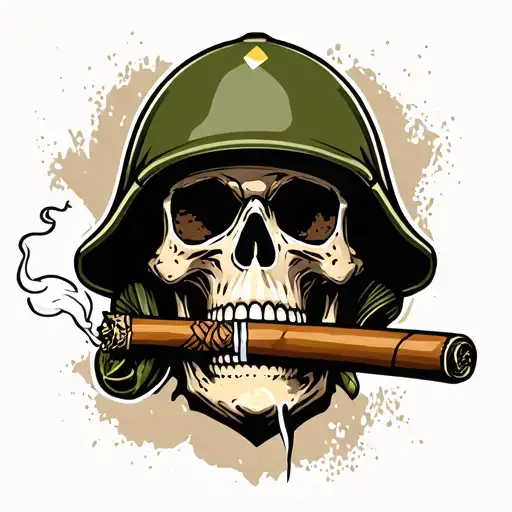 Skull Wearing Army Helmet Smoking A Cigar