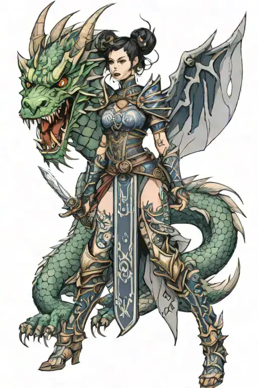 Full Body Female Warrior With Twin Dragon Companion