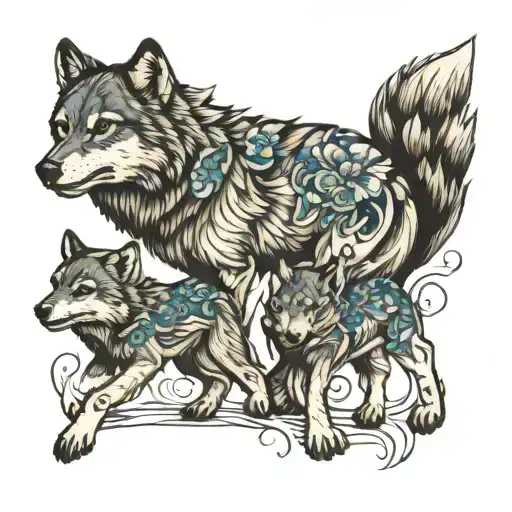 Wolf And Cubs Walking